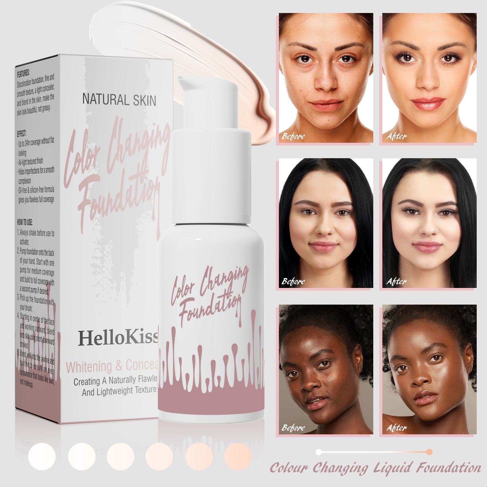 HelloKiss  Color changing foundation full coverage waterproof liquid foundation matte dark skin makeup concealer - 2bazar4