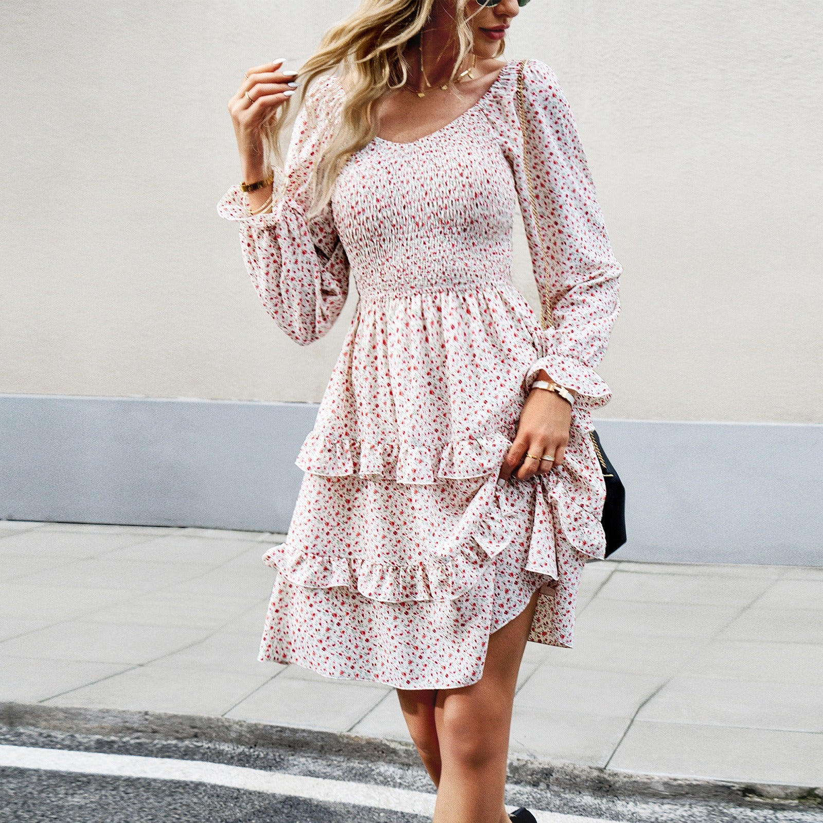 Dress Women's casual floral V-neck long sleeved skirt - 2bazar4