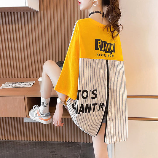 Design zipper stitching short-sleeved T-shirt women's loose top - 2bazar4