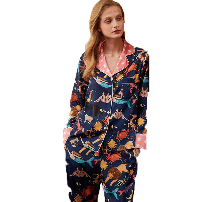 Blue Constellation Simulated Silk Pajamas for Women Spring and Autumn Long Sleeves and Trousers Cool Ice and Snow Silk - 2bazar4