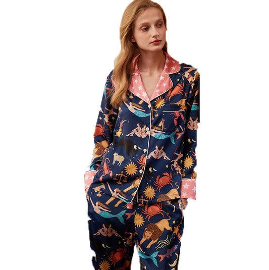 Blue Constellation Simulated Silk Pajamas for Women Spring and Autumn Long Sleeves and Trousers Cool Ice and Snow Silk - 2bazar4