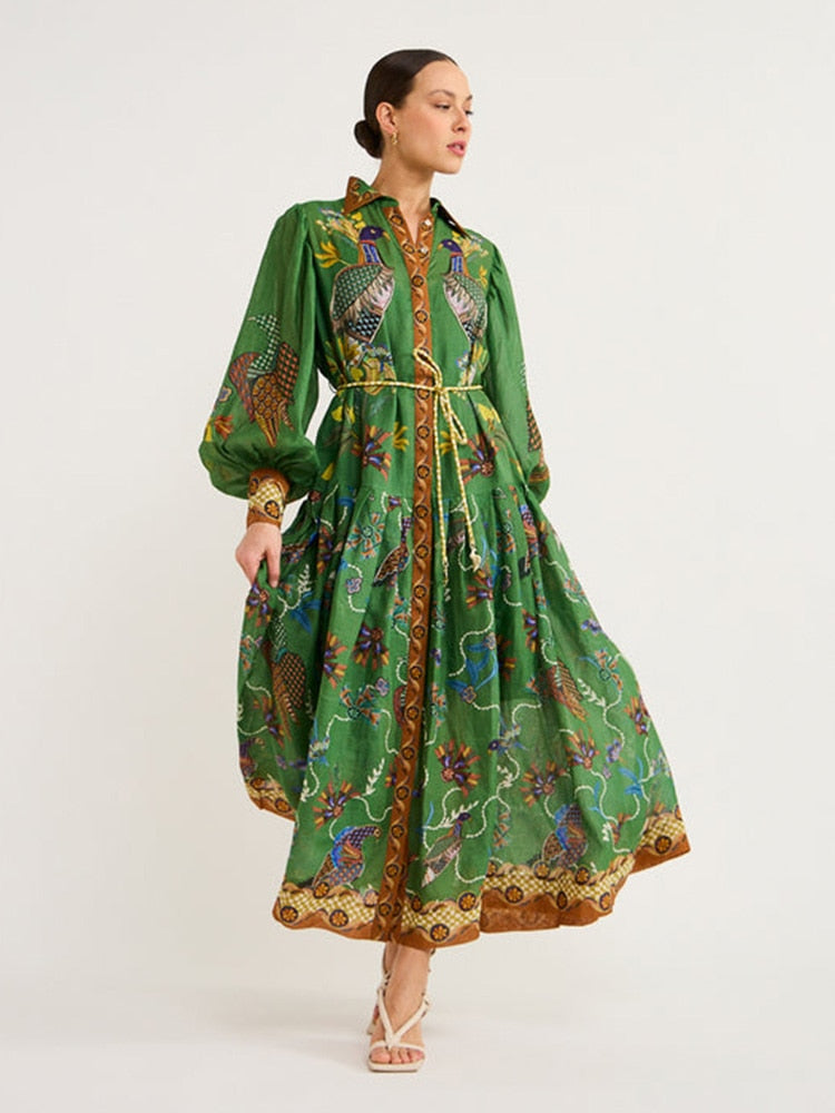 Birds Flower Printed Long Dress Women Belts Single Breasted Big Swing Holiday Long Lantern Sleeve Dresses Summer A-line Robe