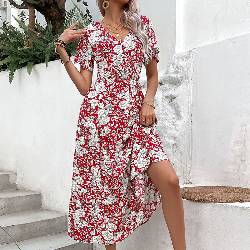 Summer New European and American Fashion Women's Red Print Temperament Dress - 2bazar4