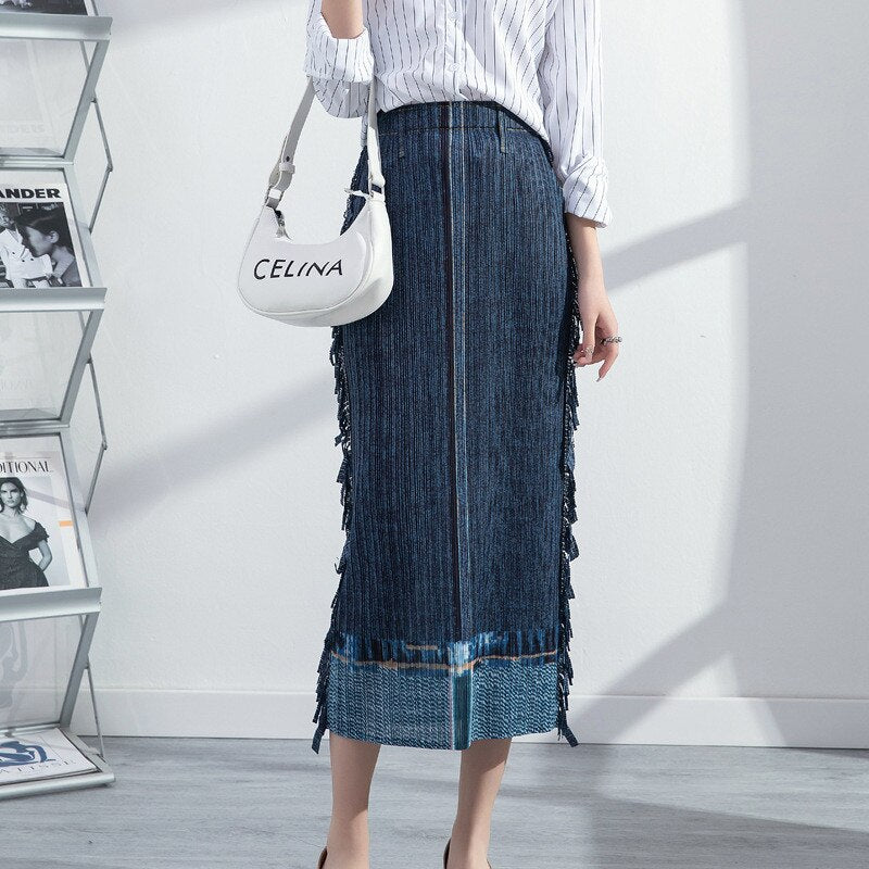 Pleated Hip Skirt New Women's Spring Fashion Large Size Casual Stretch Drape Imitation Denim Pleated Skirt - 2bazar4