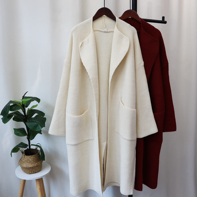Long knee length lazy style sweater jacket, thick and loose, showing off slimming temperament, knitted cardigan for women - 2bazar4