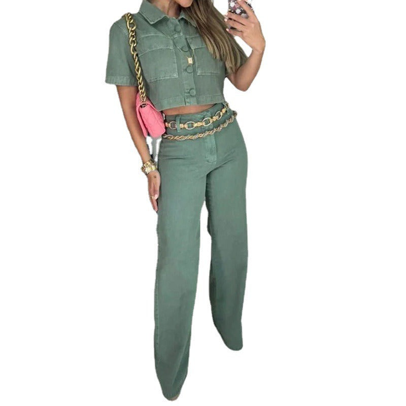 European and American womens clothing set Fashion lapel sleeveless top Loose pants Solid color set - 2bazar4
