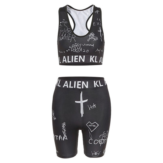 Yoga Fitness Two-piece Sleeveless Print Sexy Low-Cut Navel Vest  Yoga Set  Sport Set - 2bazar4
