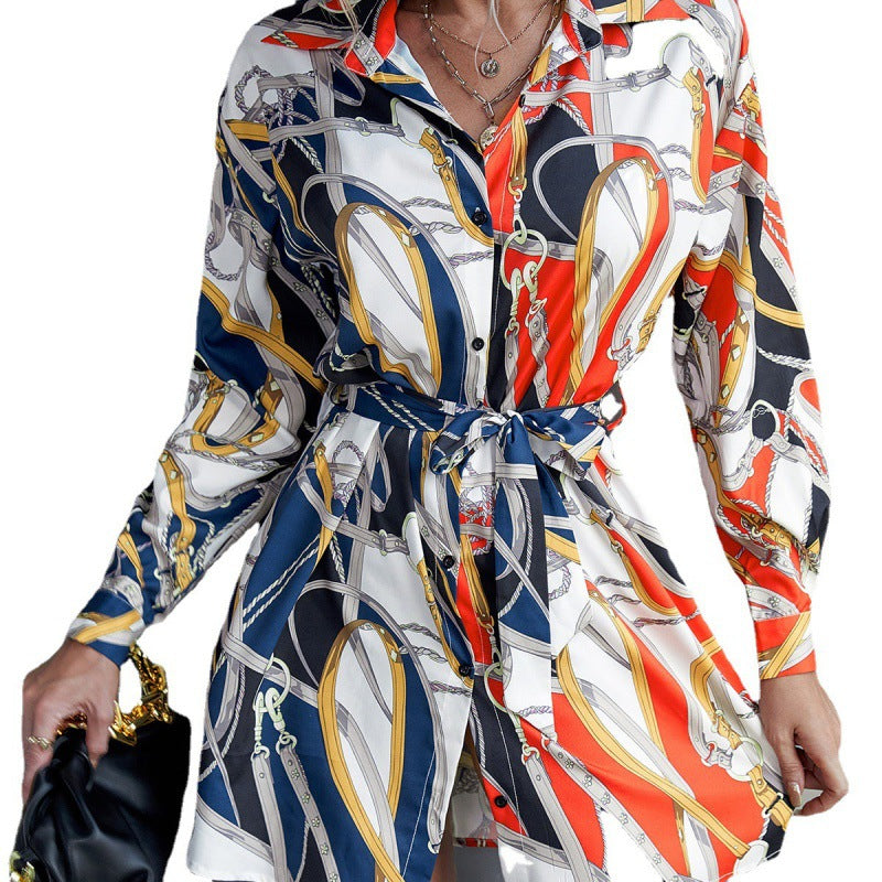 Mid Length Lapel Single Breasted Lace Up Printed Color Block Shirt Shirt Skirt Top - 2bazar4