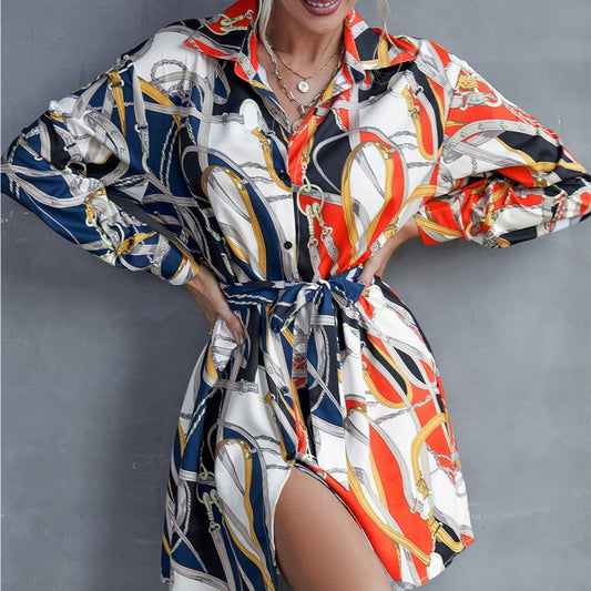 Mid Length Lapel Single Breasted Lace Up Printed Color Block Shirt Shirt Skirt Top - 2bazar4