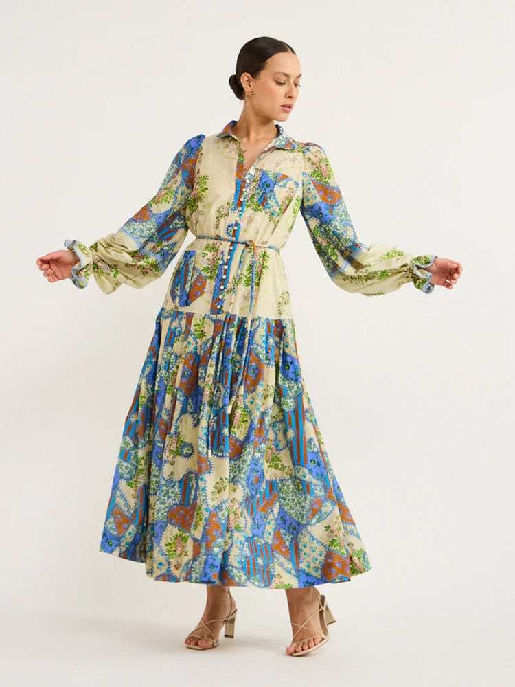 Colorful Printed Pleated Dress Women Belts Vacation Long Lantern Sleeve Single Breasted High Waist Dresses Turn-down Collar Robe