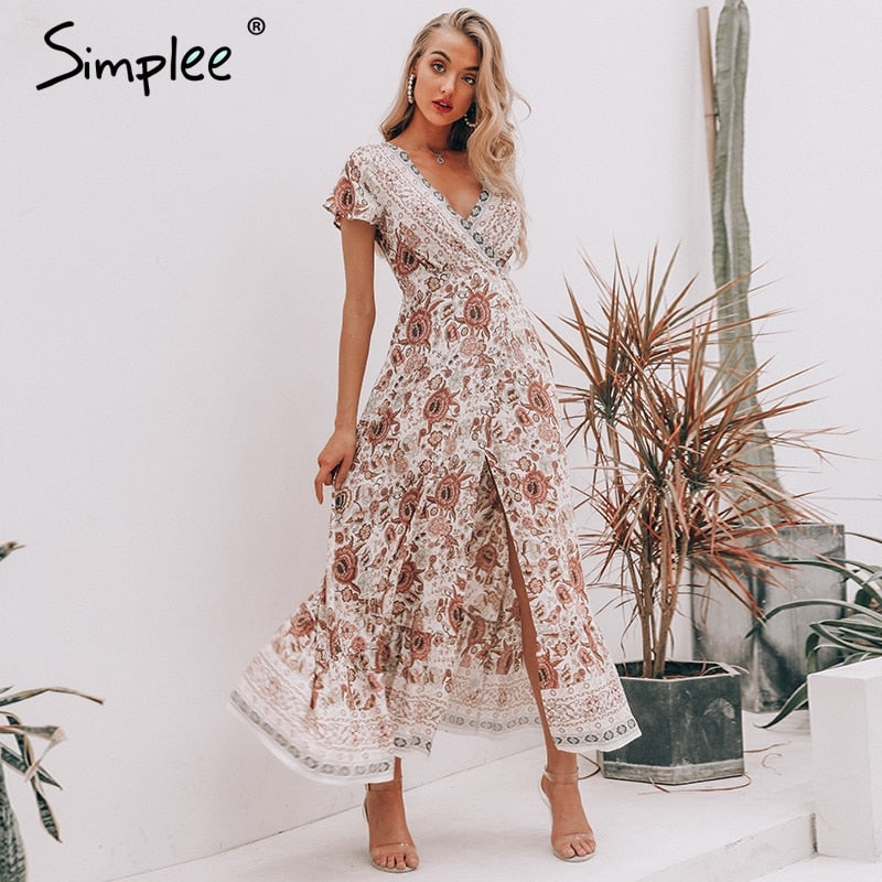 Simplee Vintage floral print summer dress Ruffle split sash sexy long dress Bohemian women dress holiday beach dress vestidos - 2bazar4