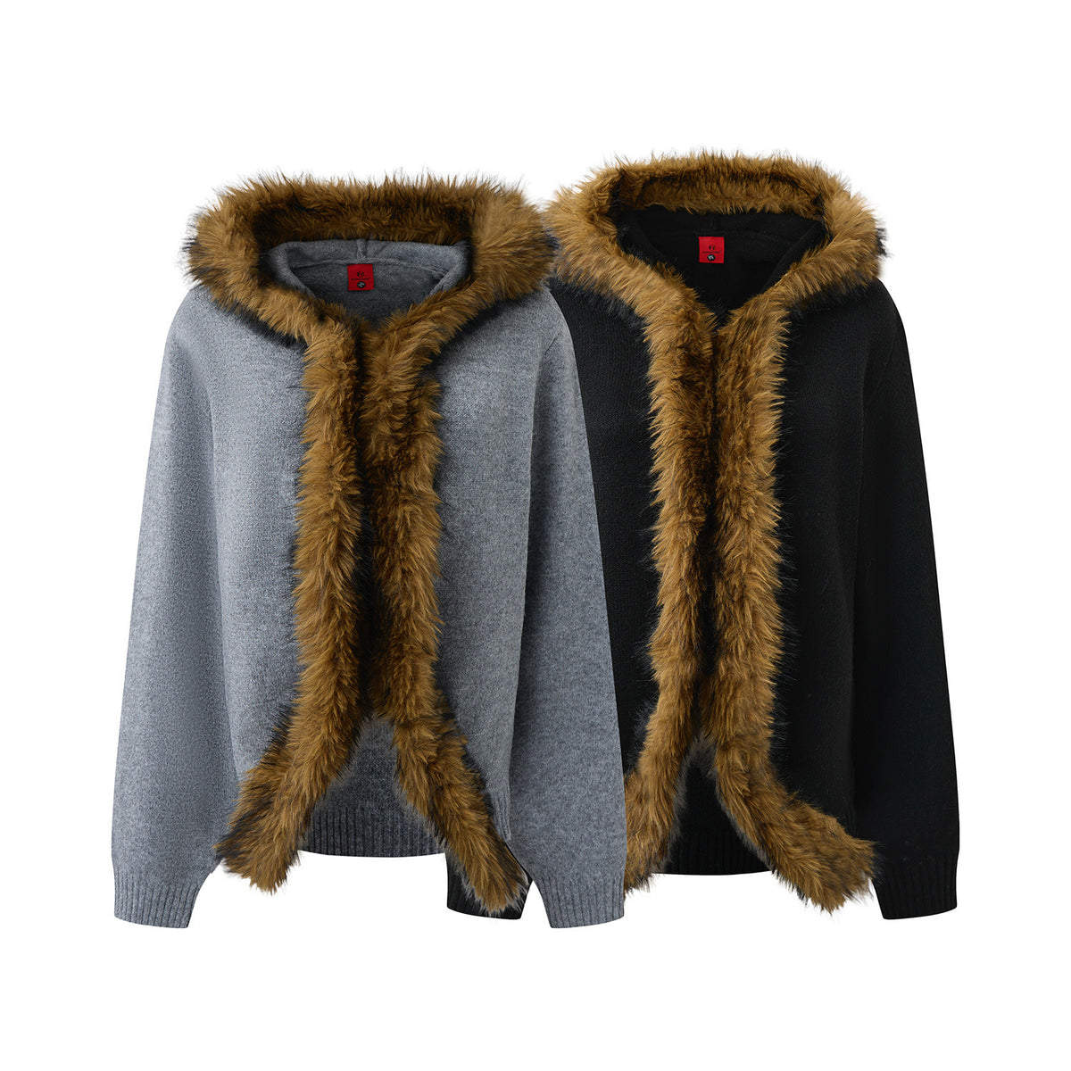 Women's Knit Cardigan Faux Fur Hooded Patchwork Sweater Jacket Loose Fit Open Front