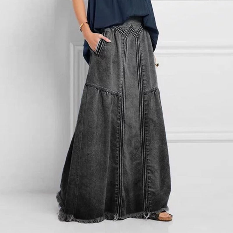 Fashion Street Skirt Summer A Line Denim Skirt Women Autumn Sun Skirt Casual Solid High Waist Women's Long Skirt - 2bazar4