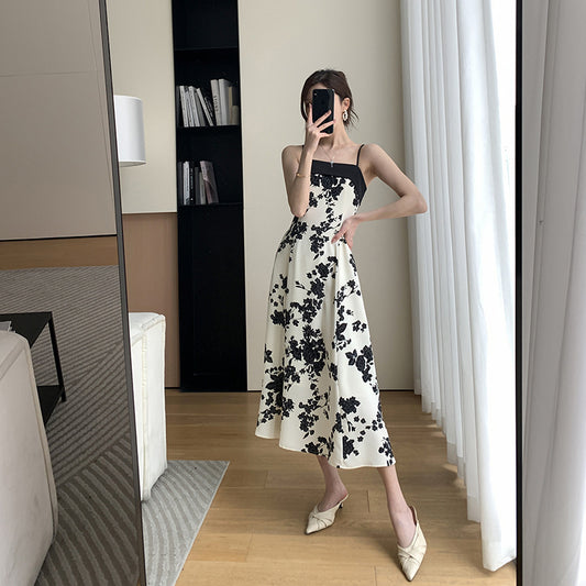 Floral Dress Summer Dress New French Style Waist Slim Temperament Goddess Fan Suspender Skirt Women - 2bazar4