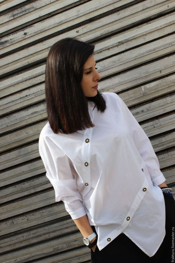 European and American women's fashion personalized button asymmetrical women's shirt long sleeved casual sloping collar top - 2bazar4