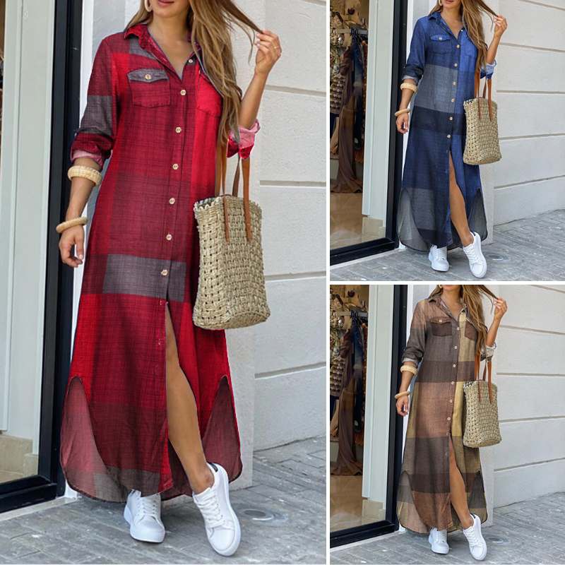 Long Sleeve Dress Checked Plaid Robe Maxi Beach Dress Summer Elegant Women Button Long Shirt Dress - 2bazar4