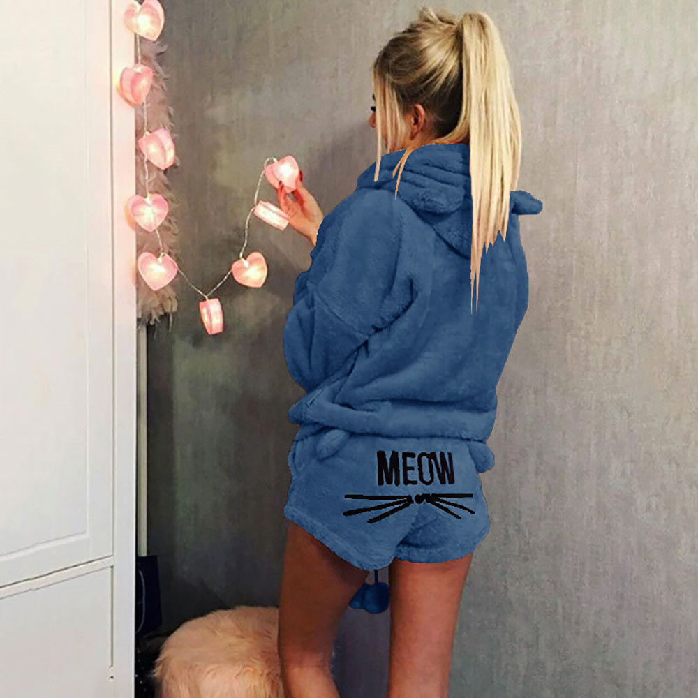 Women Pajama Sets Winter Warm Pyjamas Ladies Homewear Sleepwear Cartoon Cat Embroidery Female Nightgown Suit - 2bazar4