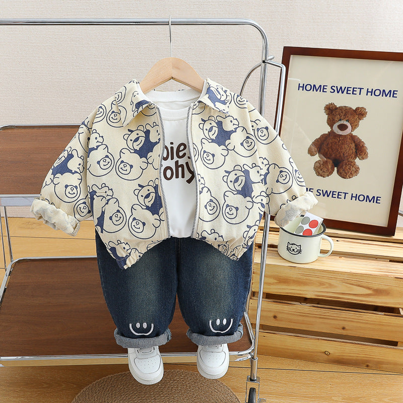 Toddler Bear Print 3-Piece Outfit Set – Zip Jacket & Trousers