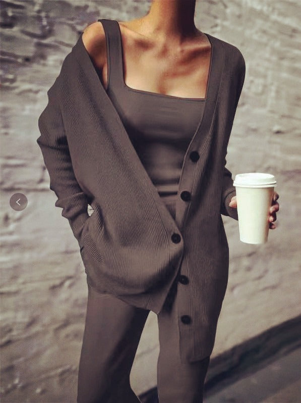 Solid color knitted jacket three piece set - 2bazar4