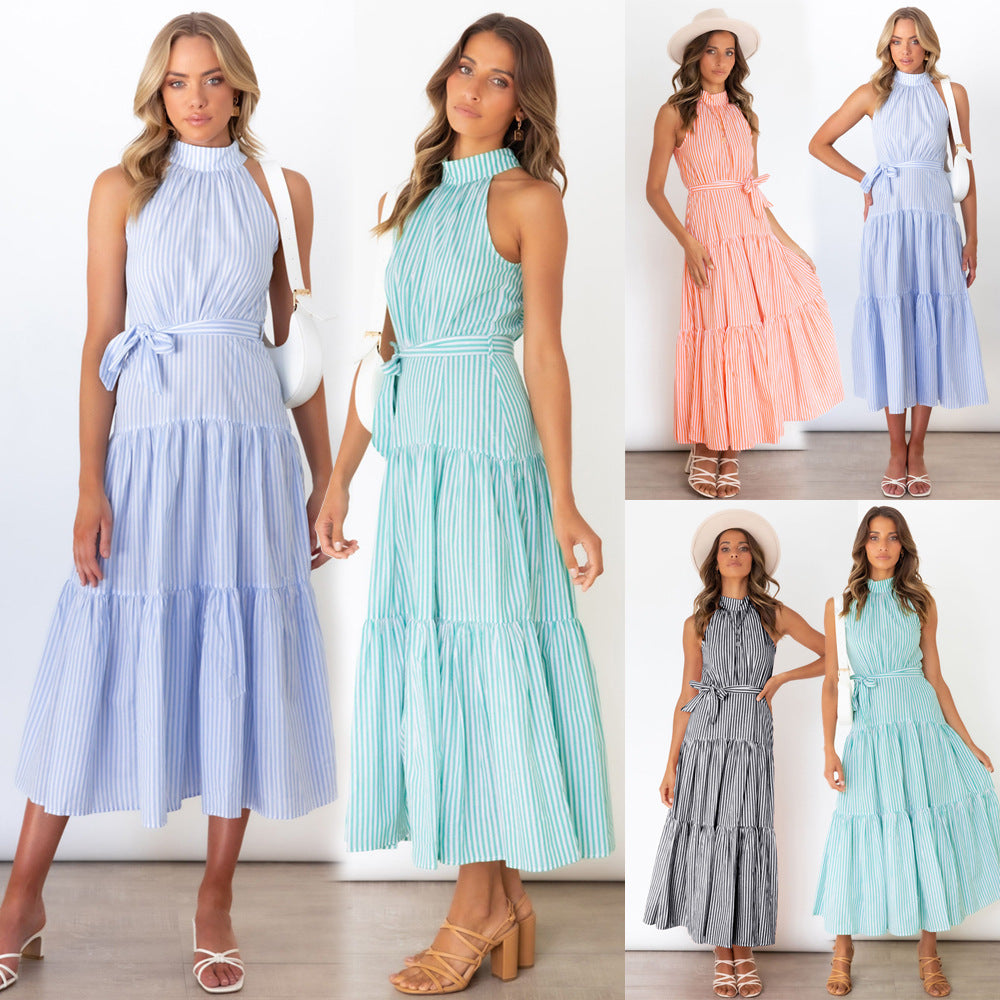 Summer New Striped Halterneck Dress Slim Temperament Long Skirt For Women - 2bazar4