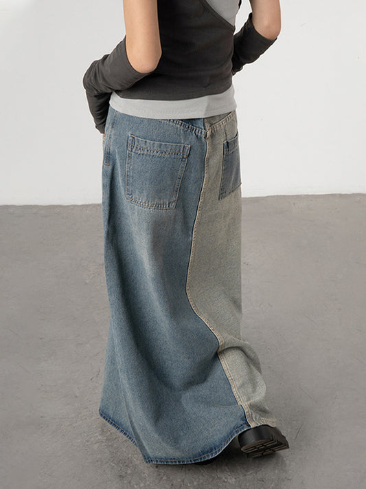 Large Denim Skirt Women's Design Color Blocking Small Autumn Thin Vintage Knee Length Skirt - 2bazar4