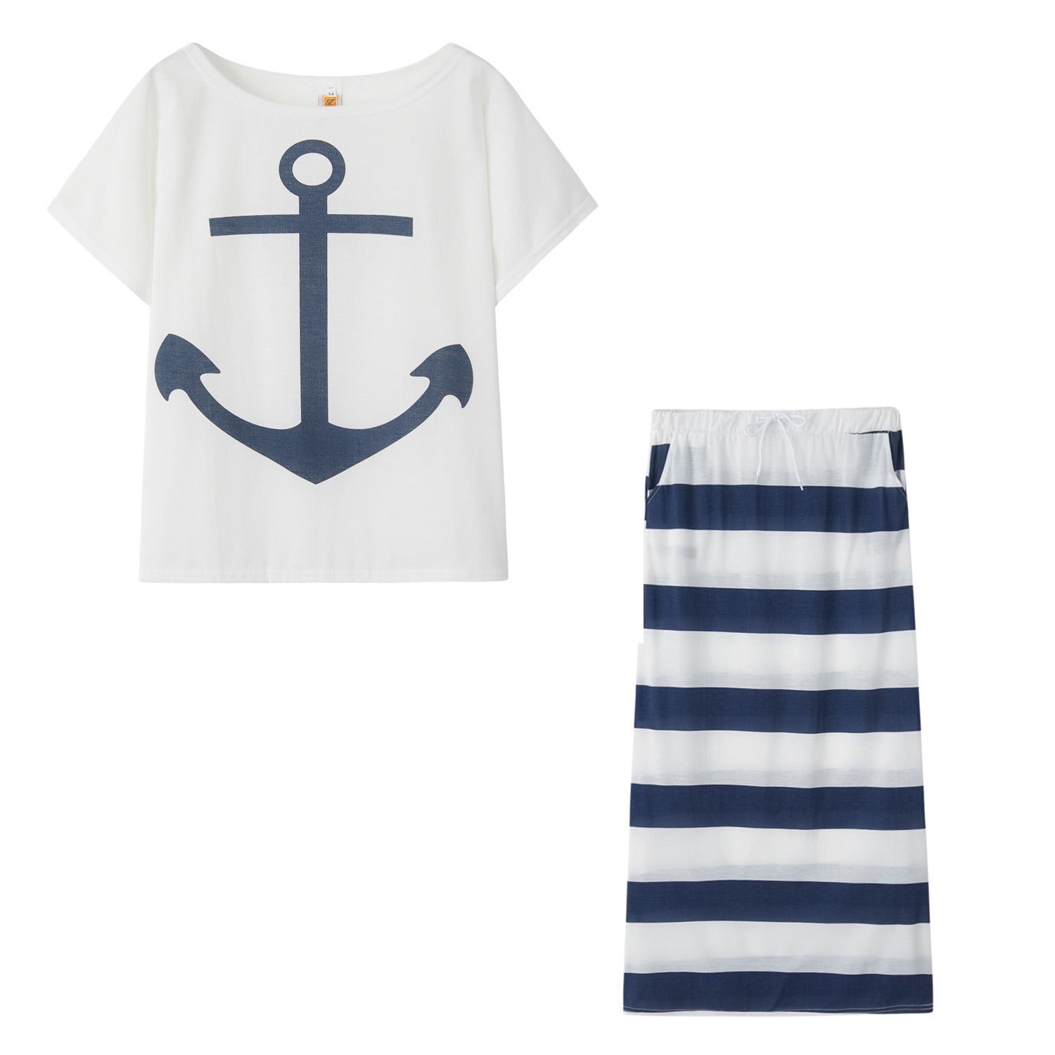 New European and American Navy Style Casual Set Womens Boat Anchor Print Womens Short Sleeve Set Women - 2bazar4