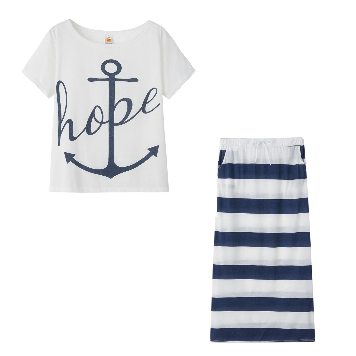 New European and American Navy Style Casual Set Womens Boat Anchor Print Womens Short Sleeve Set Women - 2bazar4