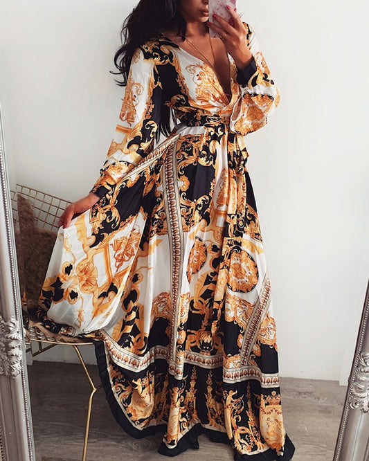 Evening Dress Print Dress V-Neck Pullover Retro Long Sleeve Women's  Long Skirt - 2bazar4
