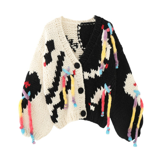 Handmade Needle Hook Flower Color blocked Tassel Thickened V-neck Knitted Cardigan Coat Sweater Top - 2bazar4