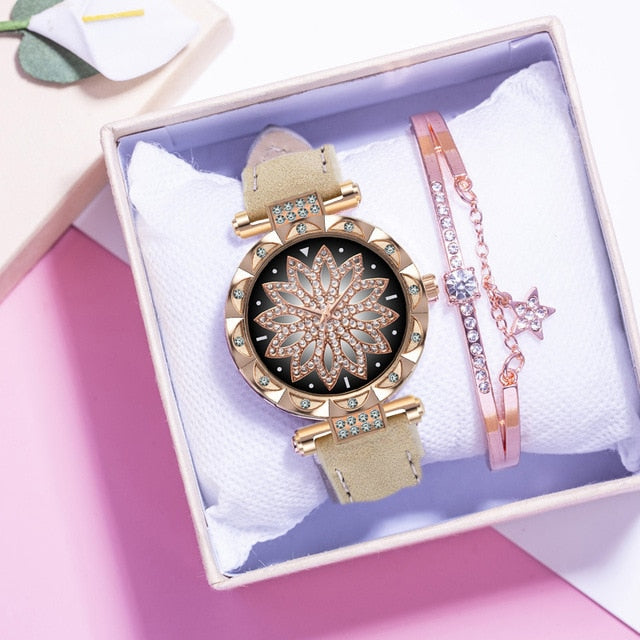 New Fashion Leather Strap Watch Women Quartz Watch Romantic Starry Sky Wrist Watch Bracelet Set for Women Gift Wrist Accessories - 2bazar4