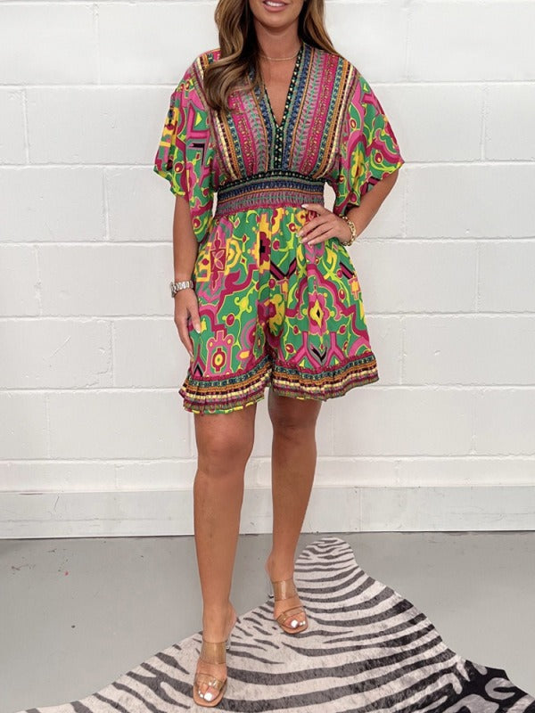 Women's short-sleeved printed V-neck ethnic style jumpsuit - 2bazar4