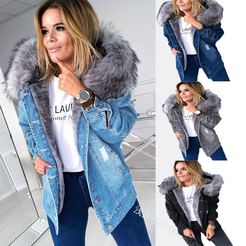 Women's slim fitting cotton jacket and denim jacket with a plush collar - 2bazar4