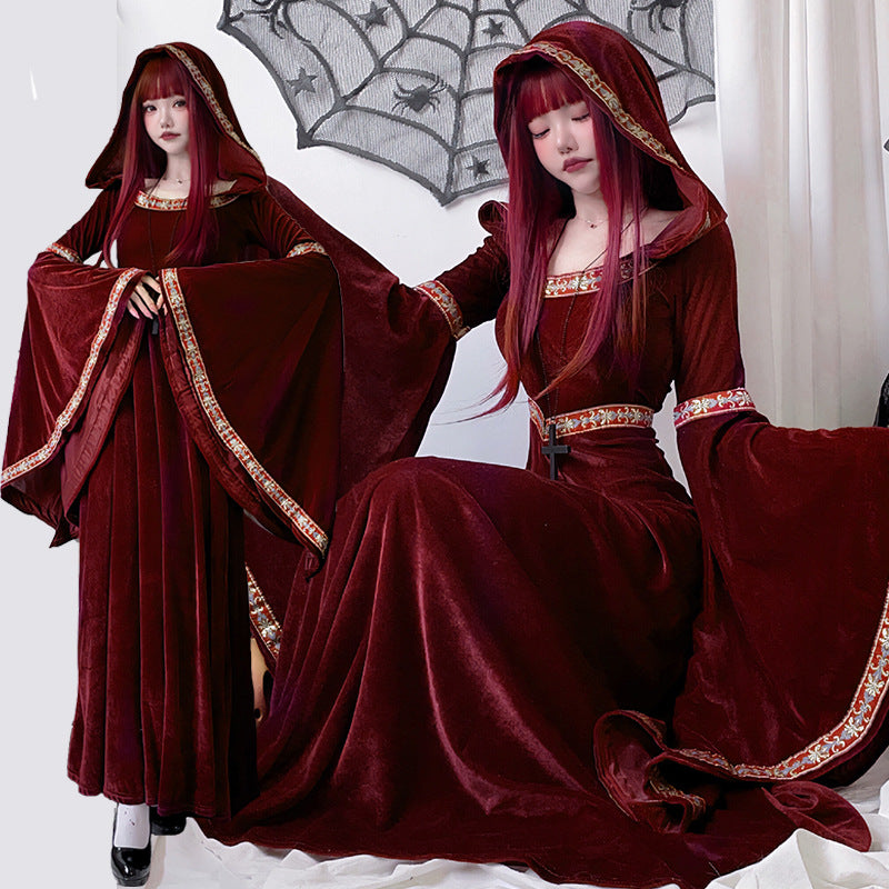 Halloween adult costume medieval retro court European vampire Little Red Riding Hood witch dress long skirt