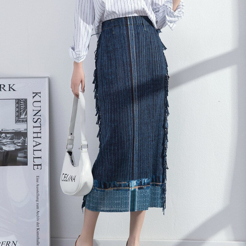 Pleated Hip Skirt New Women's Spring Fashion Large Size Casual Stretch Drape Imitation Denim Pleated Skirt - 2bazar4