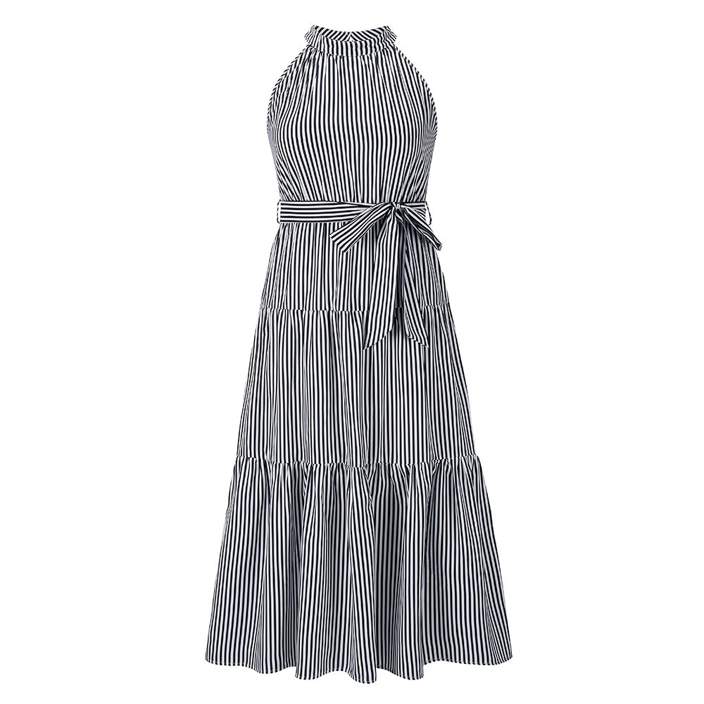 Summer New Striped Halterneck Dress Slim Temperament Long Skirt For Women - 2bazar4