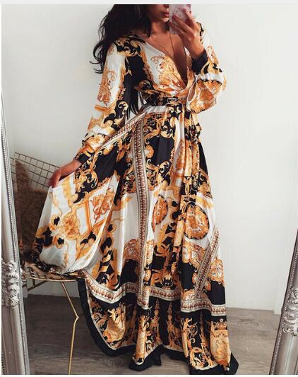 Evening Dress Print Dress V-Neck Pullover Retro Long Sleeve Women's  Long Skirt - 2bazar4
