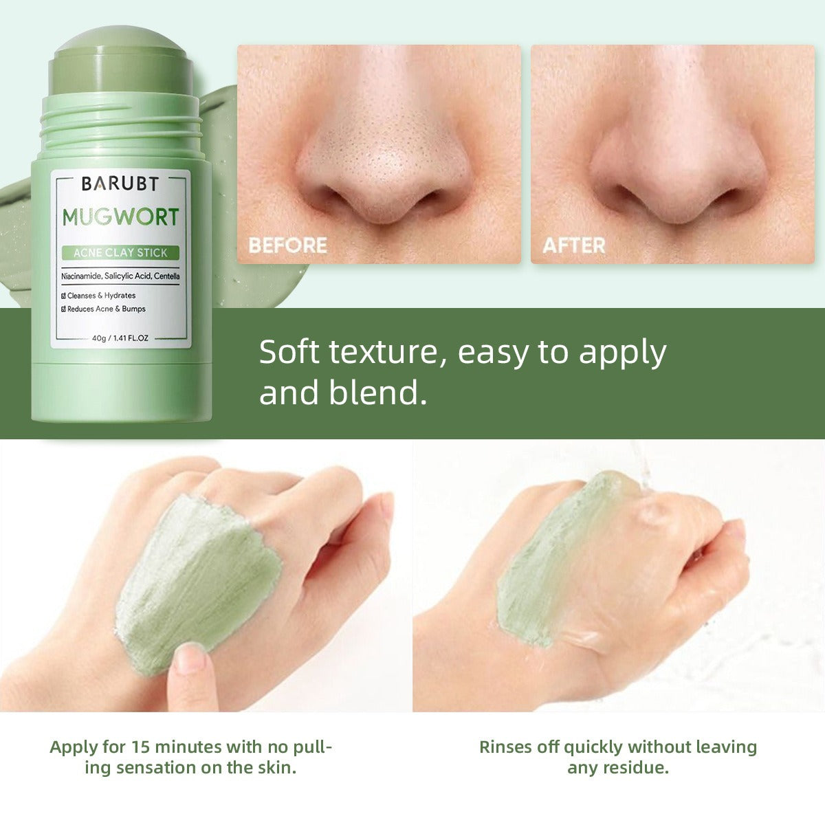 BARUBT mugwort mud mask stick deep cleansing mild blackhead repair facial care smearable mask - 2bazar4