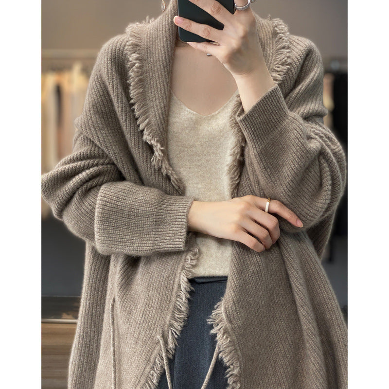 Japanese lazy style mid length tassel sweater for women, casual soft and sticky knitted cardigan - 2bazar4
