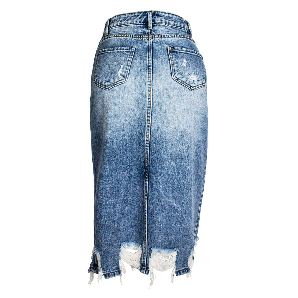Women's Skirt Irregular Fringed Hole Denim Skirt Hip Lift Skirt Mid Skirt - 2bazar4
