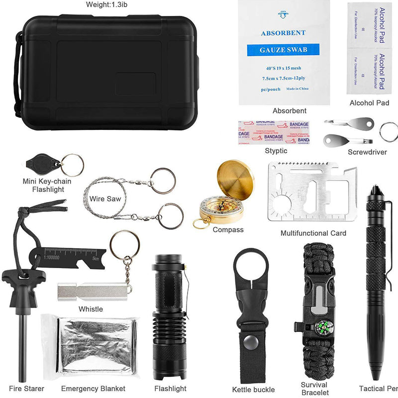 Military-grade outdoor travel survival kit with mini camping tools, emergency bracelet, whistle, blanket and knife. eprolo