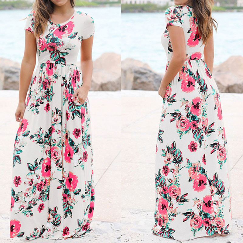 Women Long Maxi Dress Summer Floral Print Boho Beach Dress Short Sleeve Evening Party Dress Tunic Vestidos Plus Size XXXL - 2bazar4