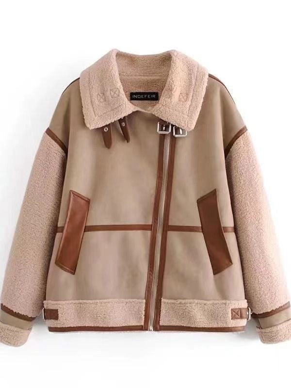 Autumn/Winter Women's Warm Spliced Leather Fur One Piece Coat Women's Autumn/Winter Women'Main fabric composition: polyester--XS:  Bust 122cm       sleeve  72cm          length 63cm--S: Bust 126cm       sleeve  73cm          length 64cm   --M:  Bust 130cm