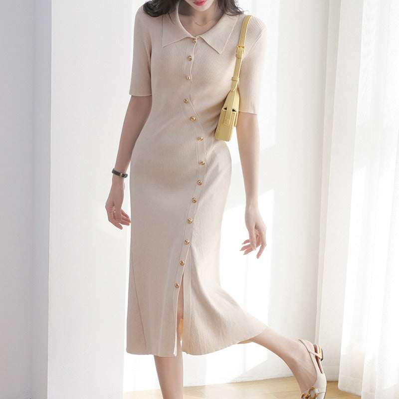 French Knitted Dress Women's Summer New Polo Neck Sexy Split Long Dress - 2bazar4