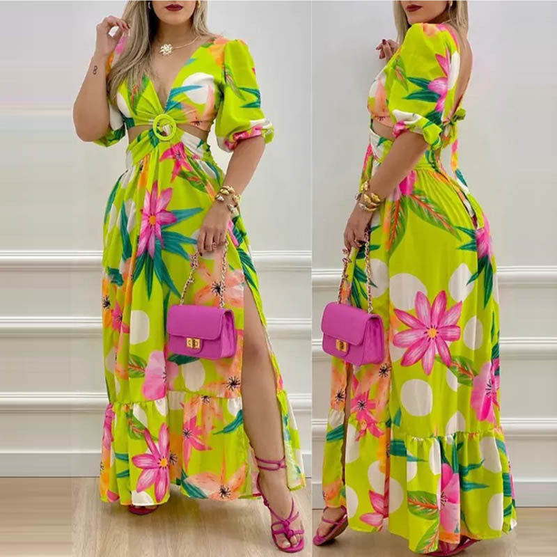 Commuter Women's Temperament Printed V-Neck Fashion Slit Long Dress - 2bazar4