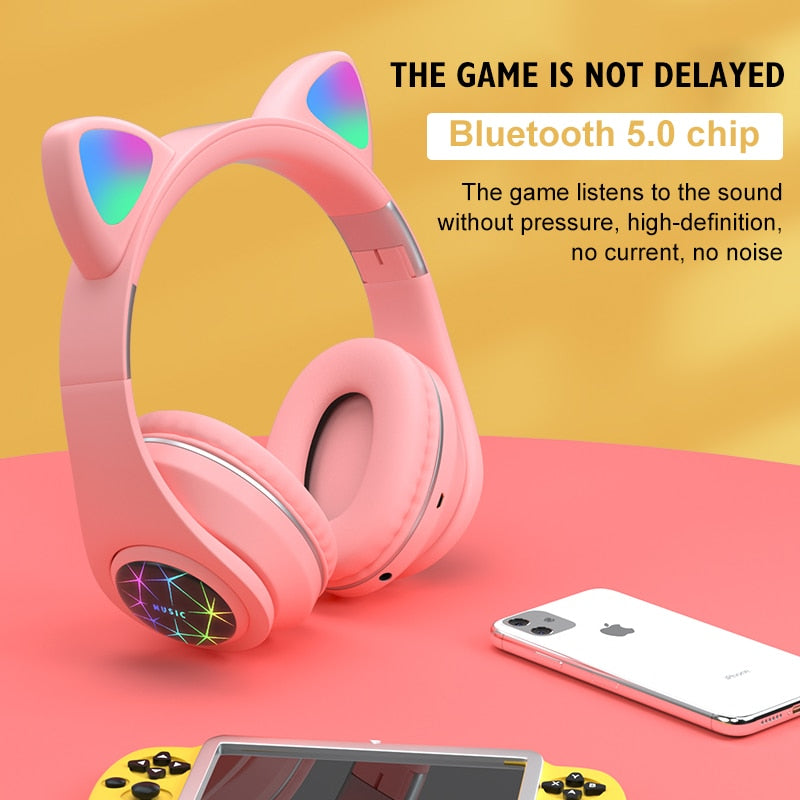 RGB Cat Ear Headphones Bluetooth 5.0 Noise Cancelling Adults Kids girl Headset Support TF Card FM Radio With Mic Gift bracelet - 2bazar4