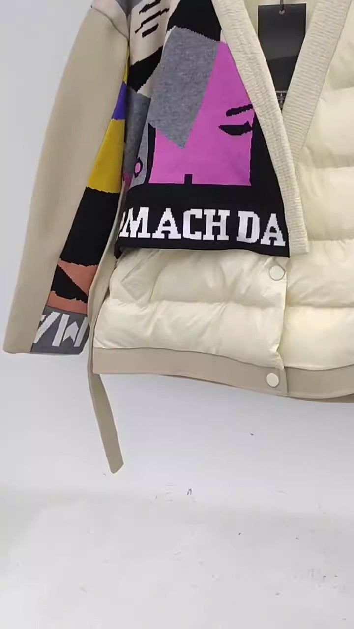 Knitted Letter Patchwork Stitched Lace Up Winter Outwear Jacket All Match Loose Leisure Warm Overcoat - 2bazar4