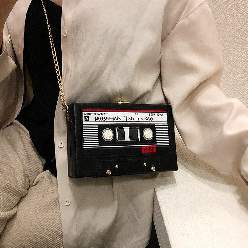 Women Shoulder Bag New Tape Recorder Cute Funny Cartoon Leather Chain Crossbody Bag for Female Day Clutches - 2bazar4