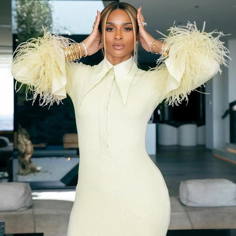 Light Yellow Dress Women Elegant Bandage Long Sleeve Feather Design Party Dress Vestidos - 2bazar4