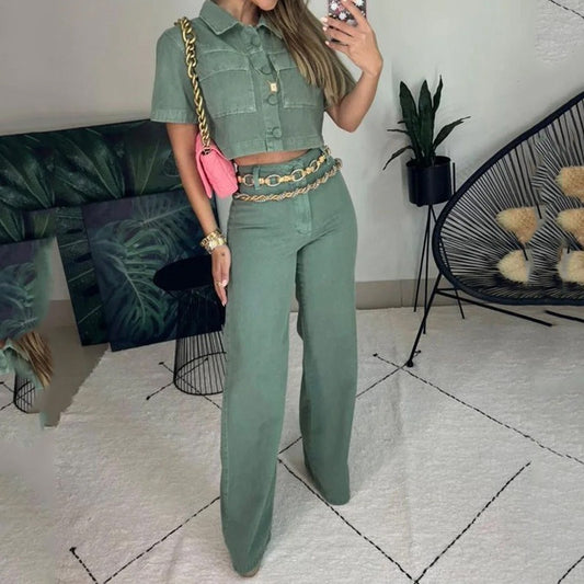 European and American womens clothing set Fashion lapel sleeveless top Loose pants Solid color set - 2bazar4