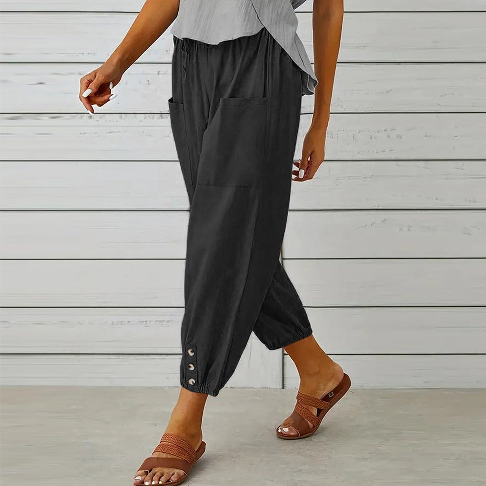 Loose-fitting high-waist buttoned cotton and linen pants nine-point wide-leg women's pants - 2bazar4